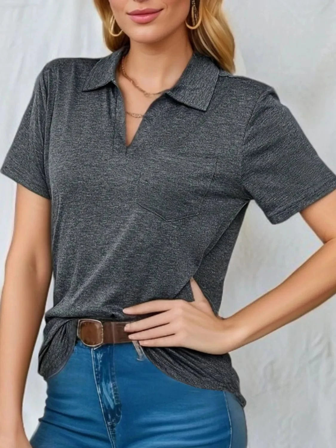 Trendsi TOP Dark Gray / S Johnny Collar Short Sleeve Top
