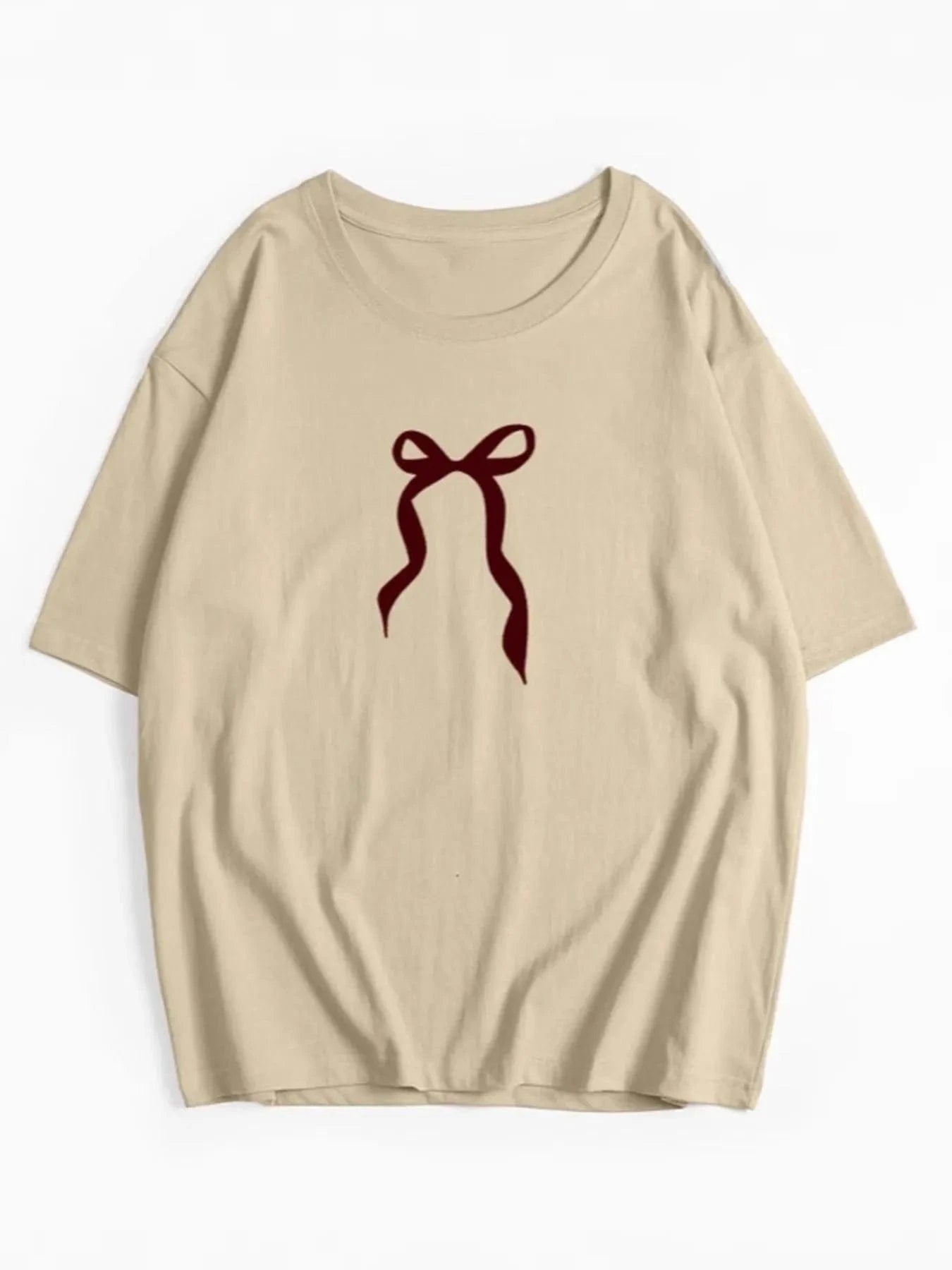 Trendsi TOP Khaki / M Plus Size Bow Round Neck Short Sleeve T-Shirt