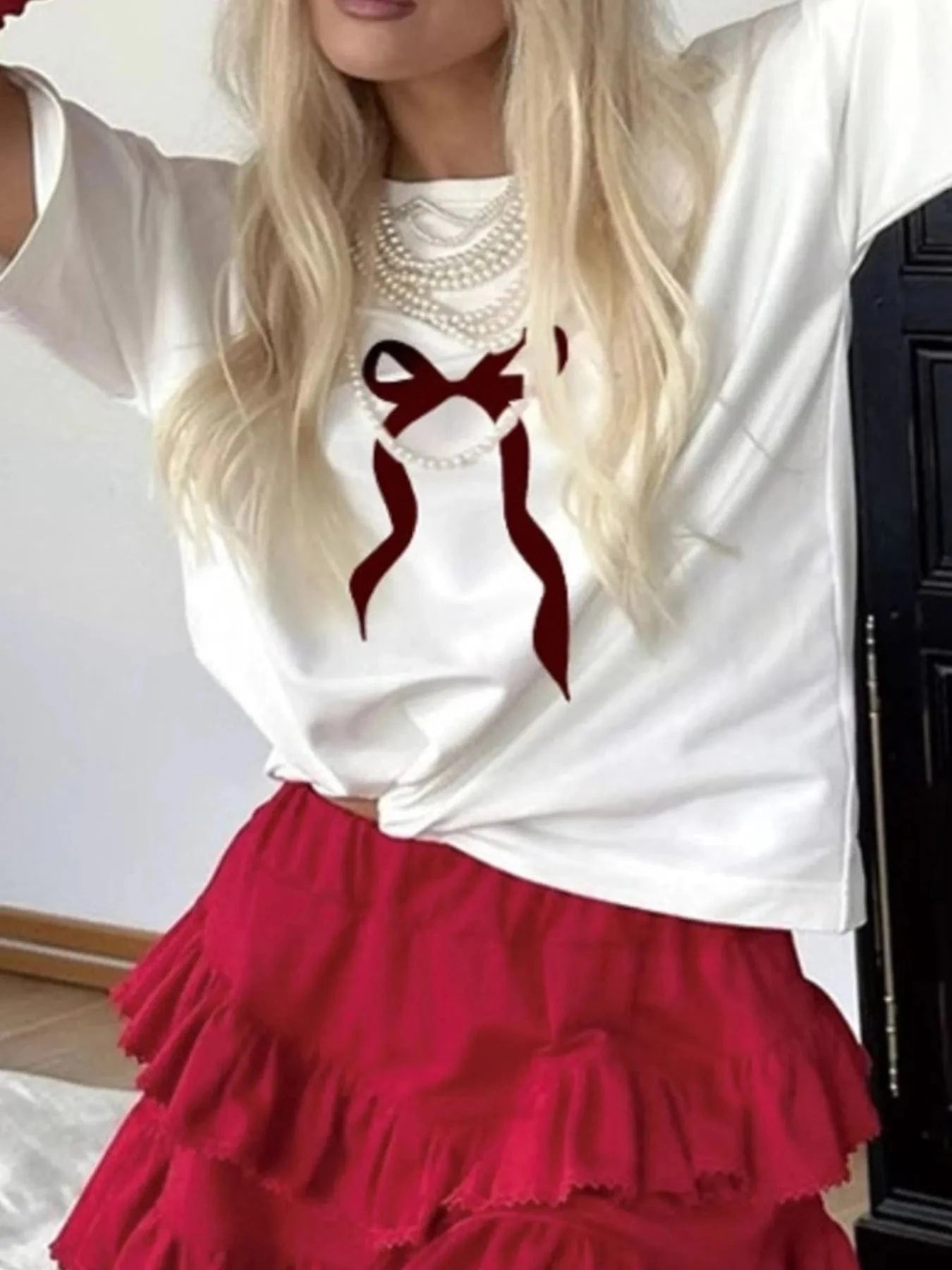 Trendsi TOP Plus Size Bow Round Neck Short Sleeve T-Shirt