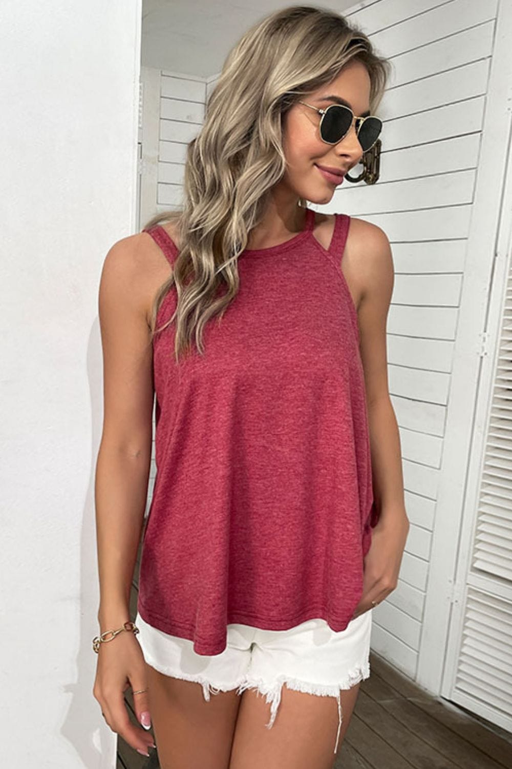 Trendsi TOP Red / S Perfee Cutout Round Neck Sleeveless Top