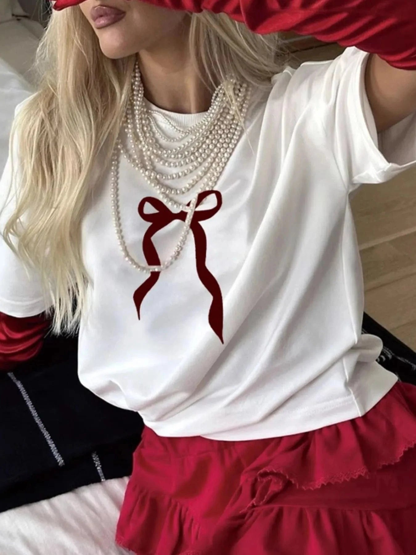 Trendsi TOP White / M Plus Size Bow Round Neck Short Sleeve T-Shirt