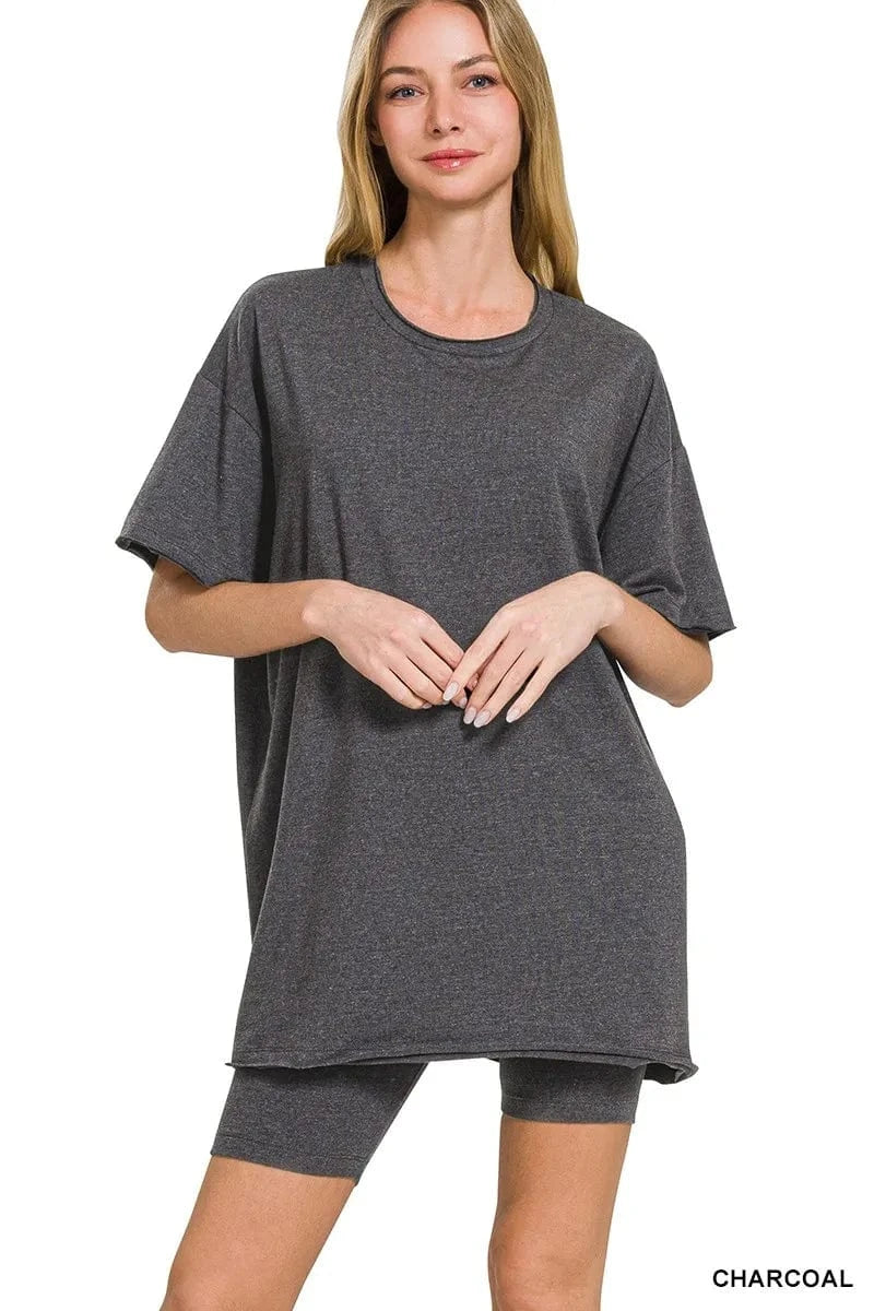 Trendsi TOP Zenana Cotton Round Neck Top & Biker Shorts