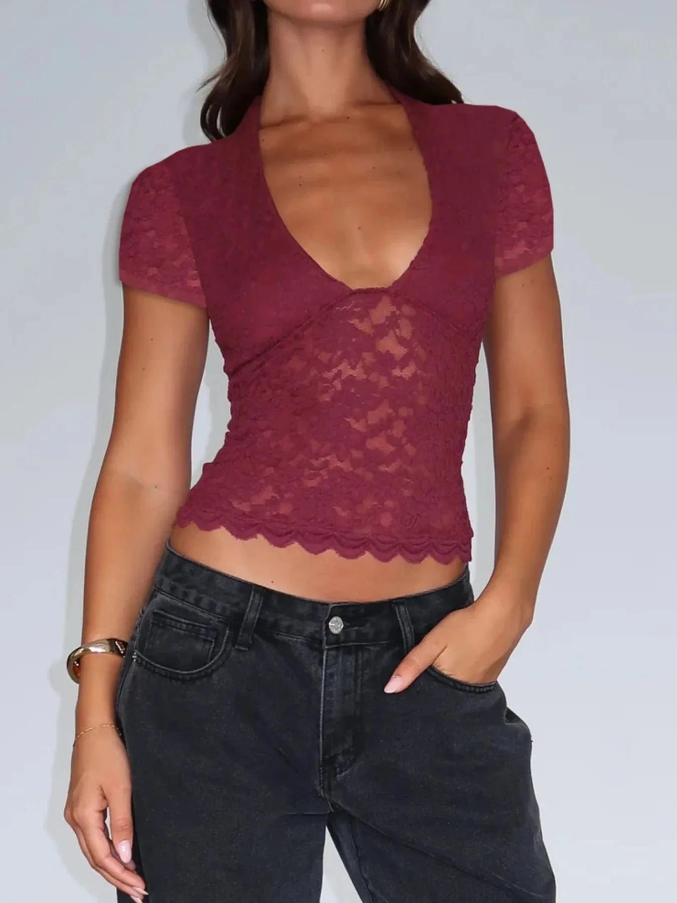 Trendsi tops Lace Short Sleeve T-Shirt
