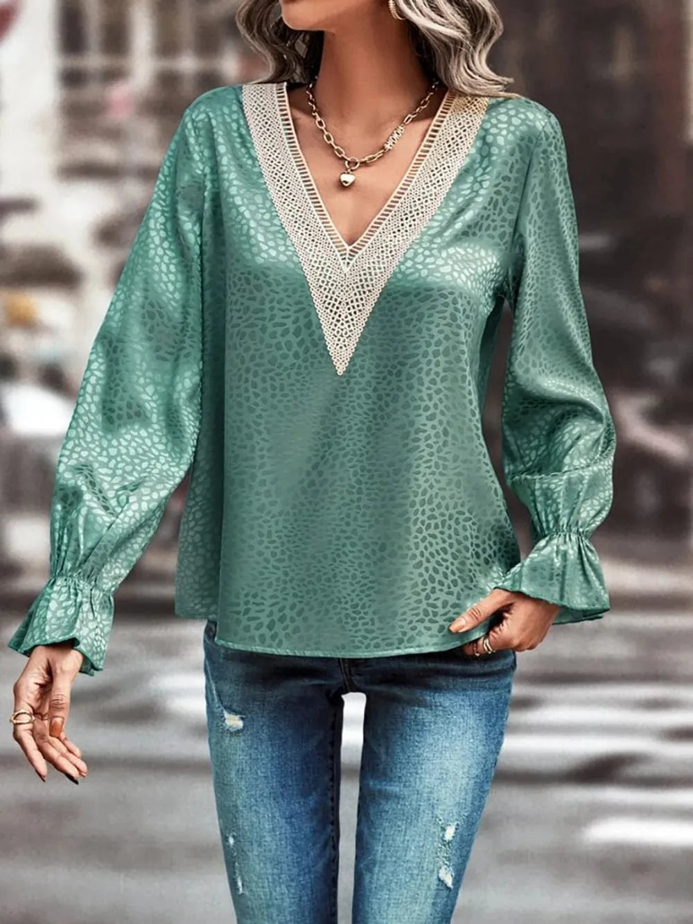 Trendsi Turquoise / S V-Neck Flounce Sleeve Blouse
