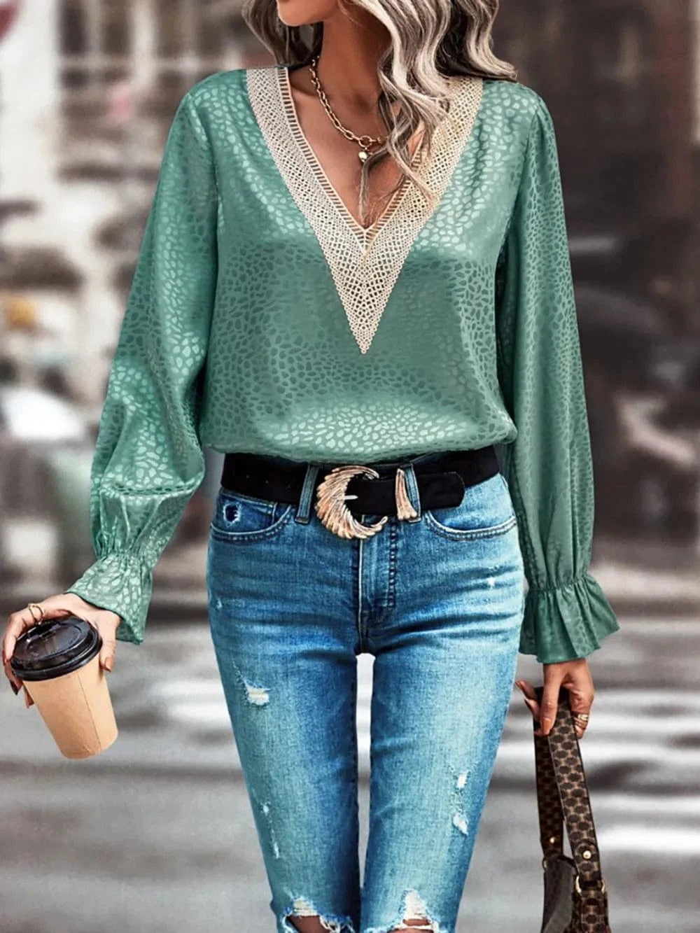 Trendsi V-Neck Flounce Sleeve Blouse