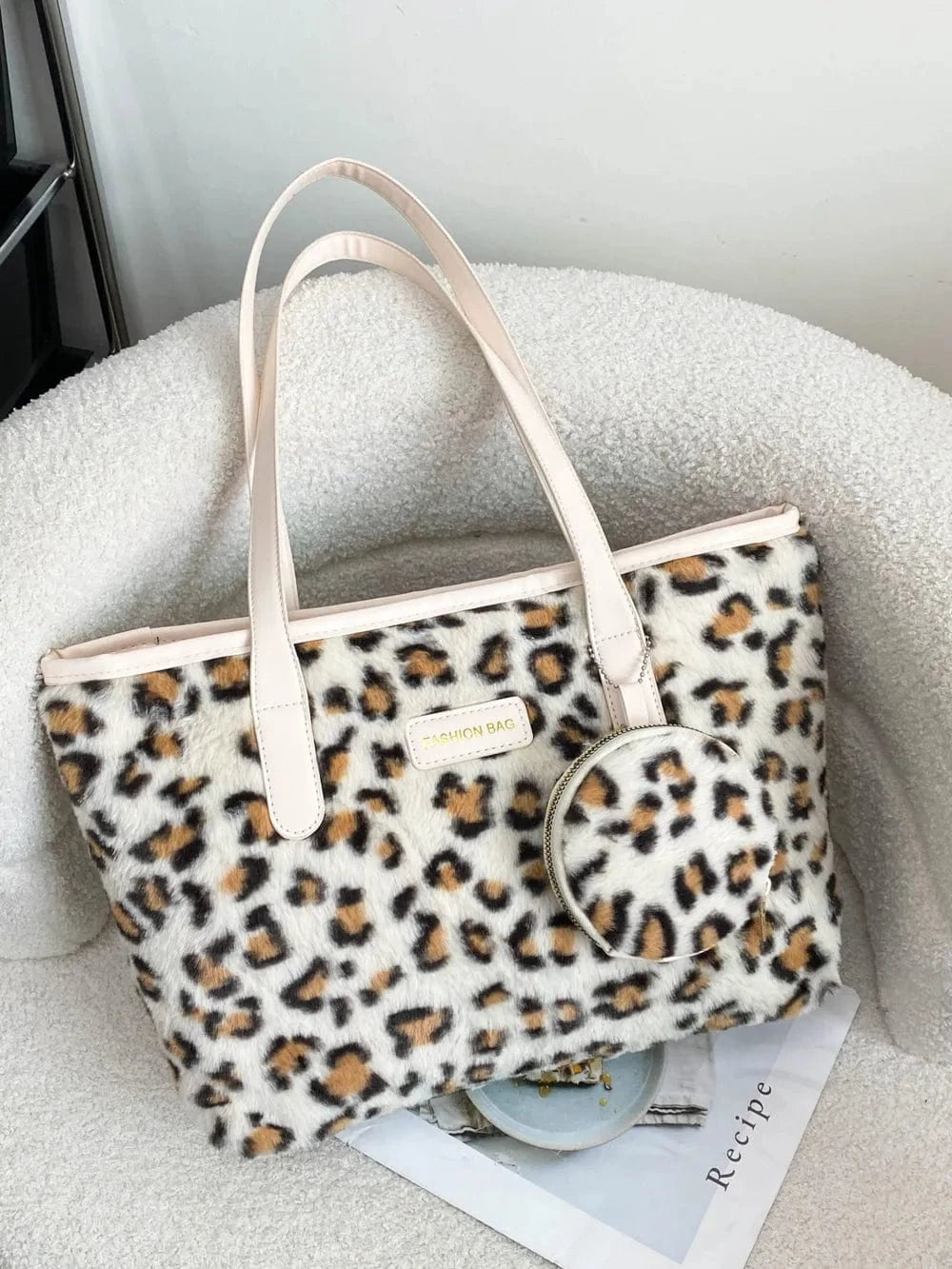 Trendsi White / One Size Leopard Faux Fur Tote Bag with Coin Purse