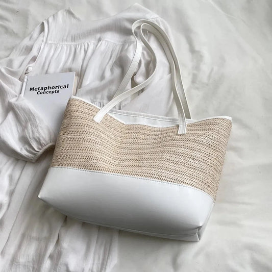 Trendsi White / One Size Straw Weave Leather Strap Tote Bag