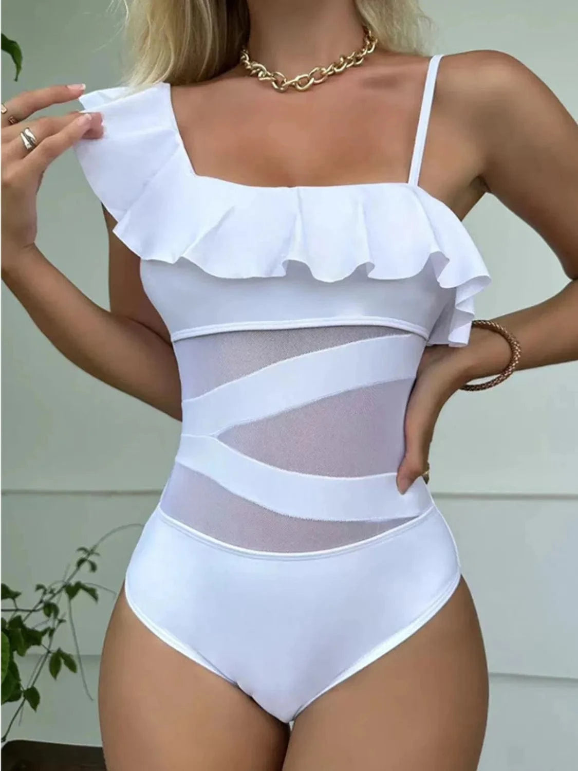 Trendsi White / S Asymmetrical Ruffled One-Piece Swimwear
