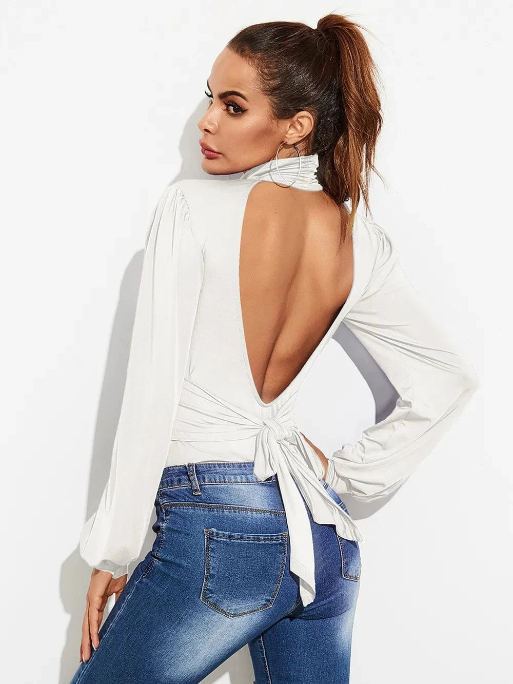 Trendsi White / S Backless Tie-Waist Turtleneck Lantern Sleeve Bodysuit