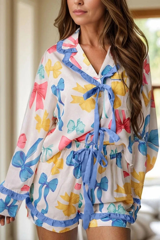 Trendsi White / S Bow Print Collared Neck Top and Shorts Lounge Set