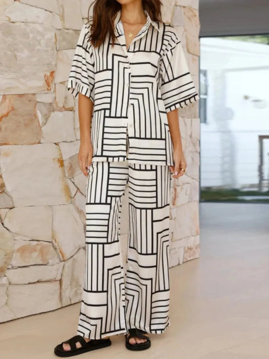 Trendsi White / S Button Down Half Sleeve Top and Pants Set