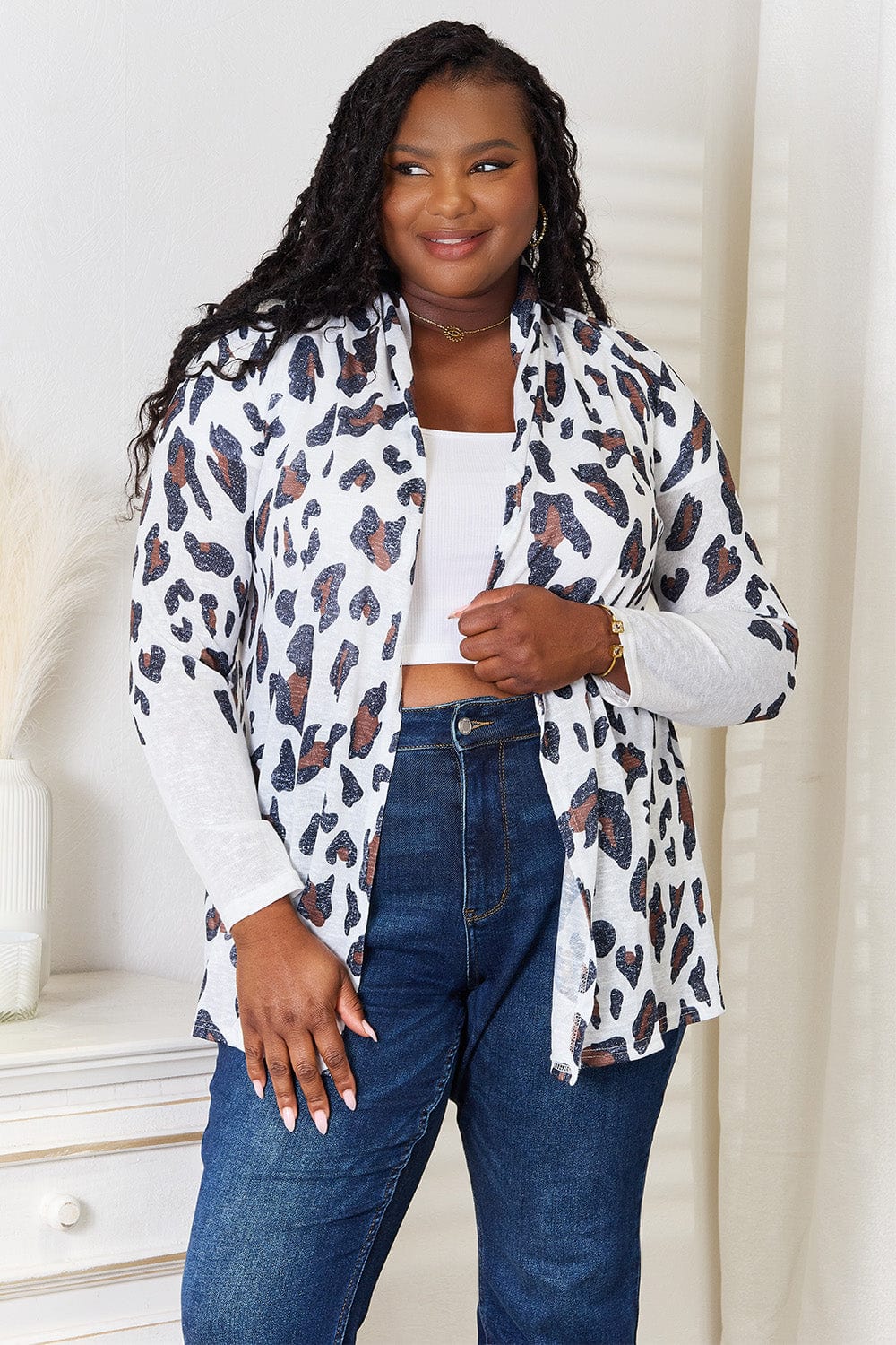 Trendsi White / S Double Take Leopard Long Sleeve Cardigan