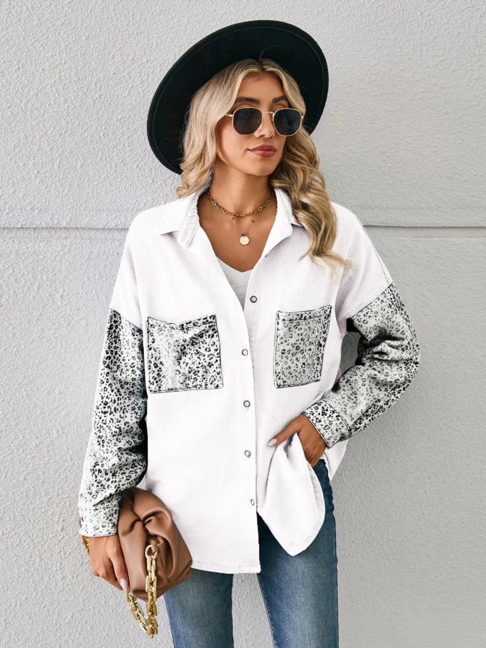 Trendsi White / S Leopard Button Up Denim Jacket