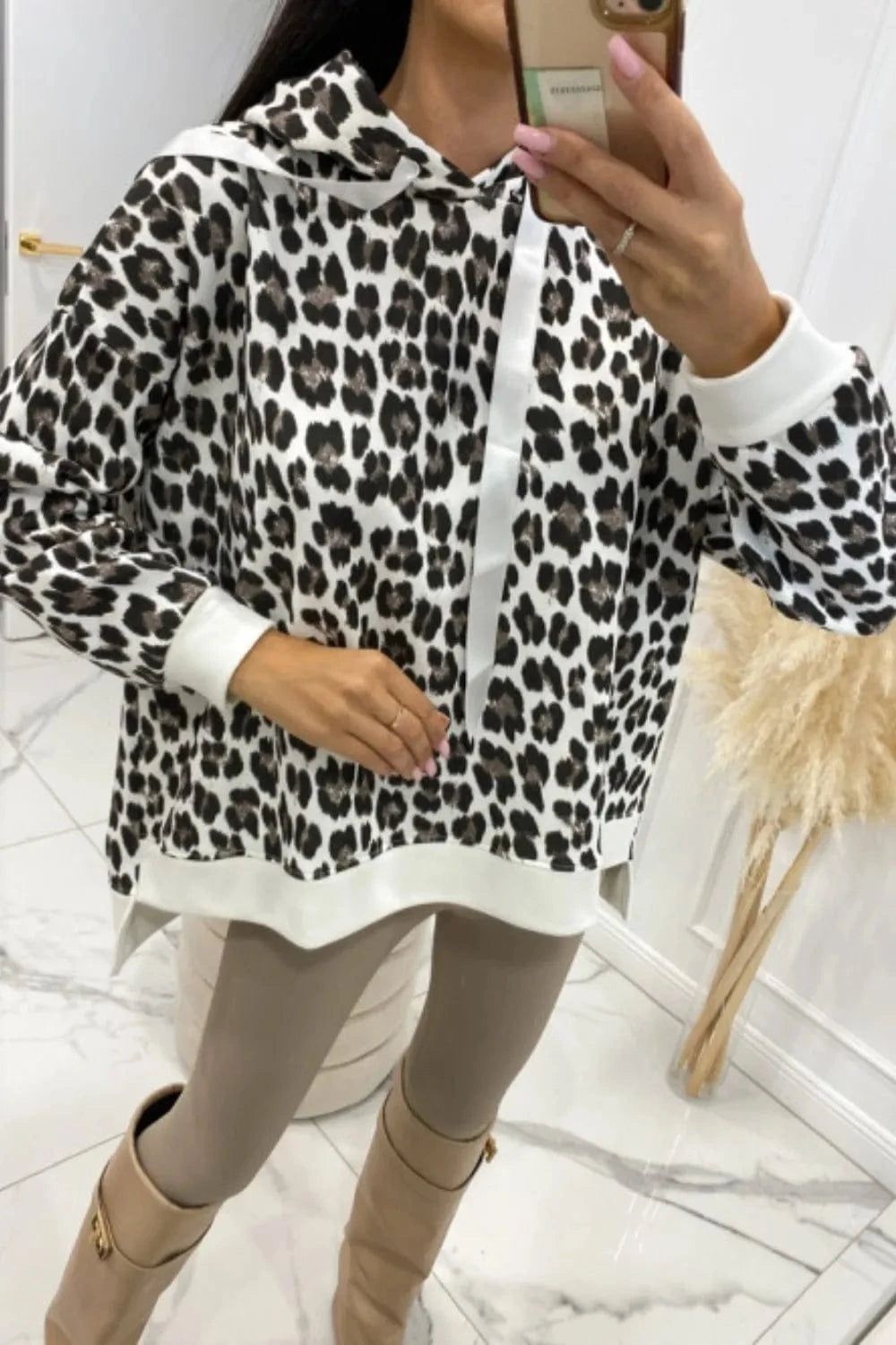 Trendsi White / S Leopard Dropped Shoulder Hoodie