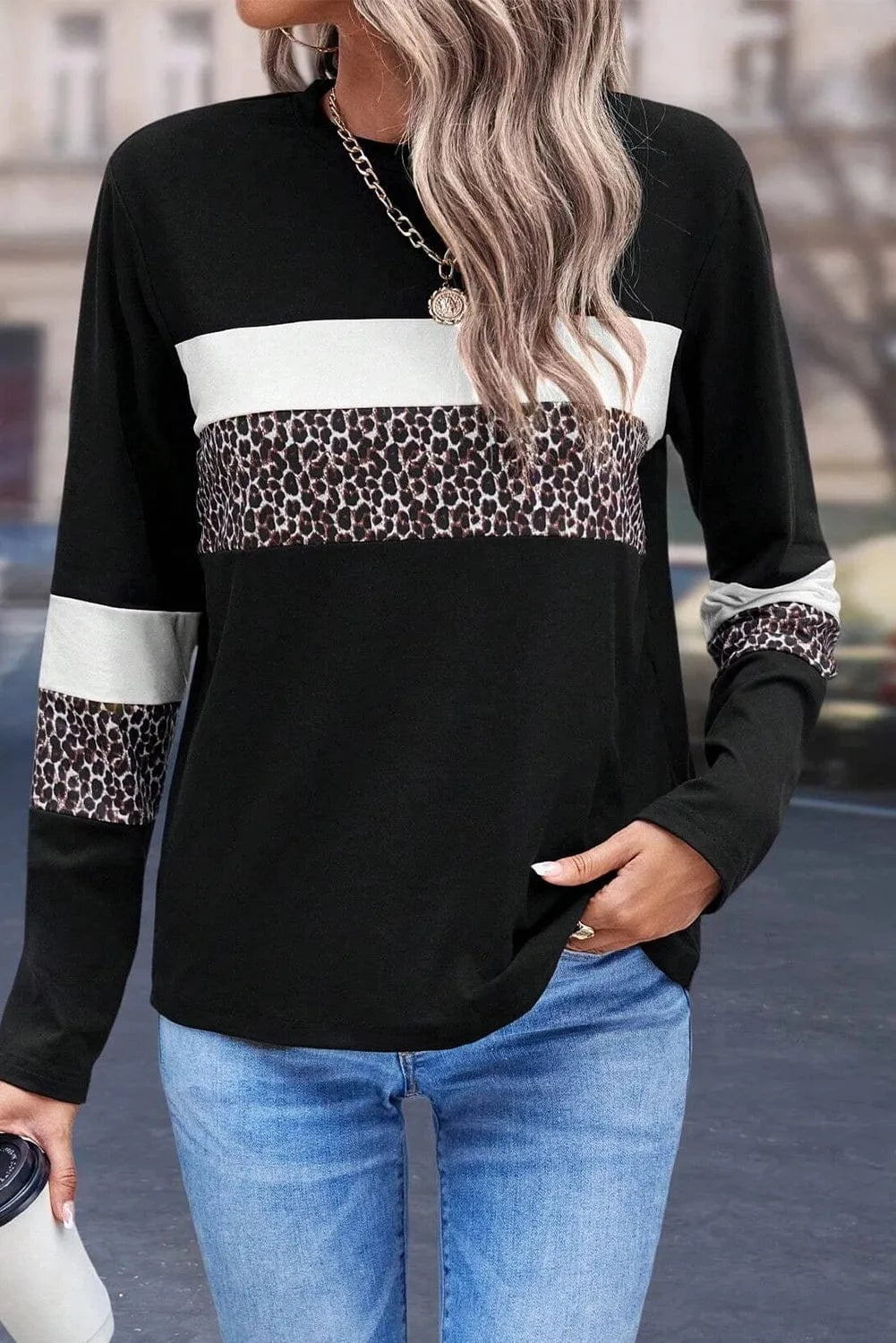 Trendsi White / S Leopard Round Neck Long Sleeve Blouse