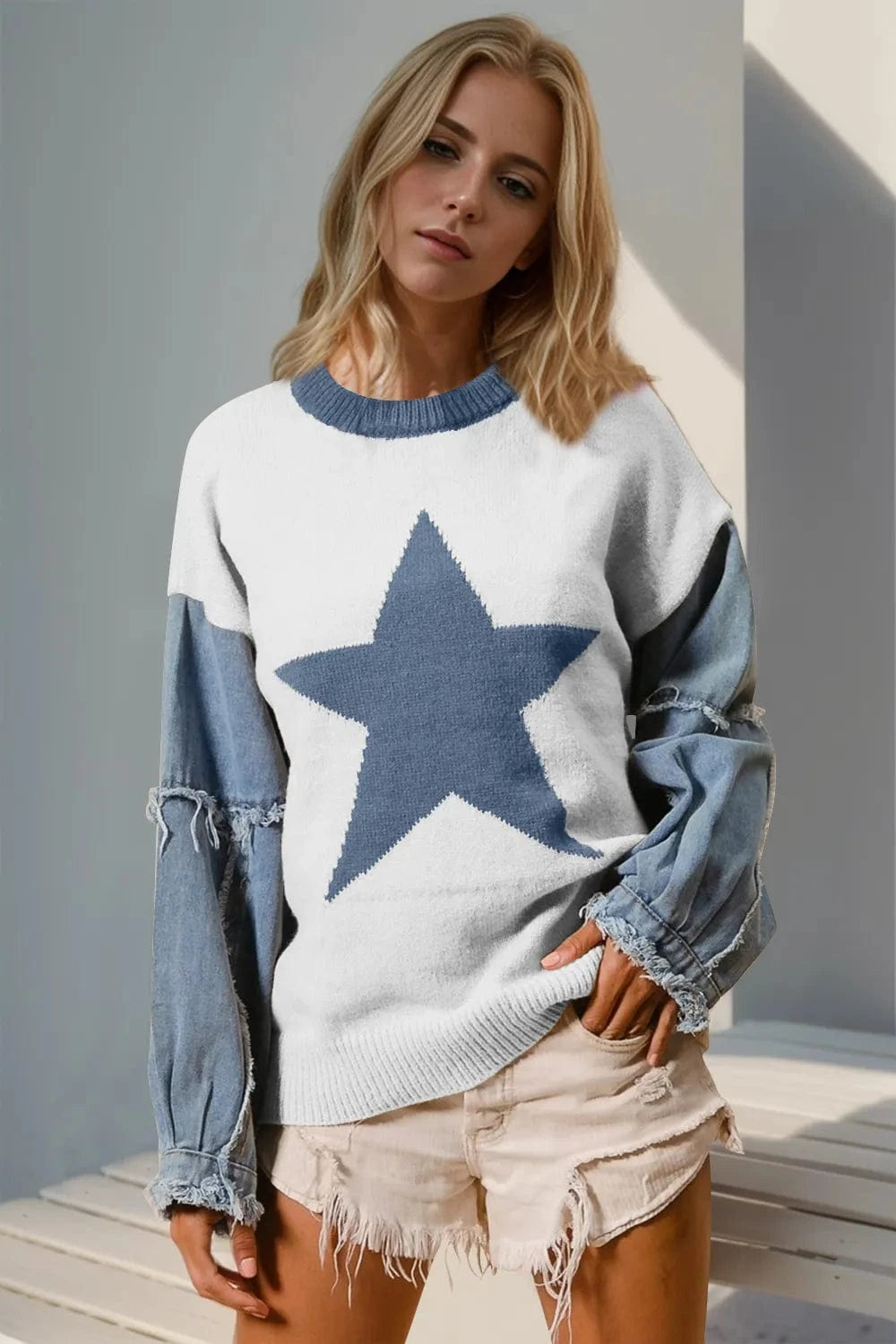 Trendsi White / S/M Double Take Full Size Star Pattern Raw Edge Long Sleeve Sweater
