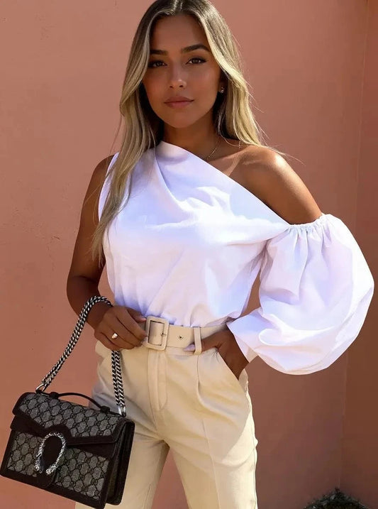 Trendsi White / S One Shoulder Puff Sleeve Blouse