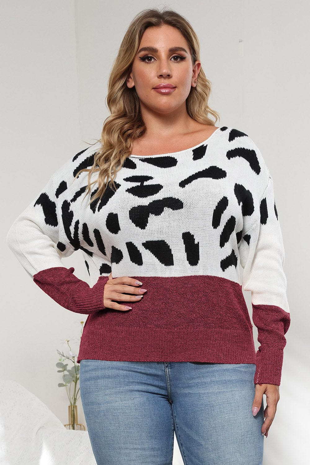 Trendsi Wine / L Plus Size Leopard Round Neck Long Sleeve Sweater