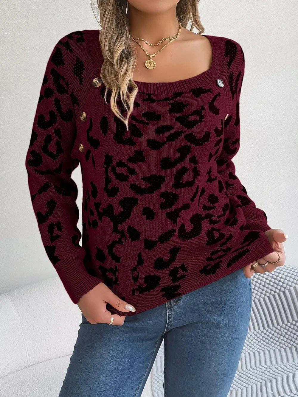 Trendsi Wine / S Leopard Buttoned Square Neck Sweater