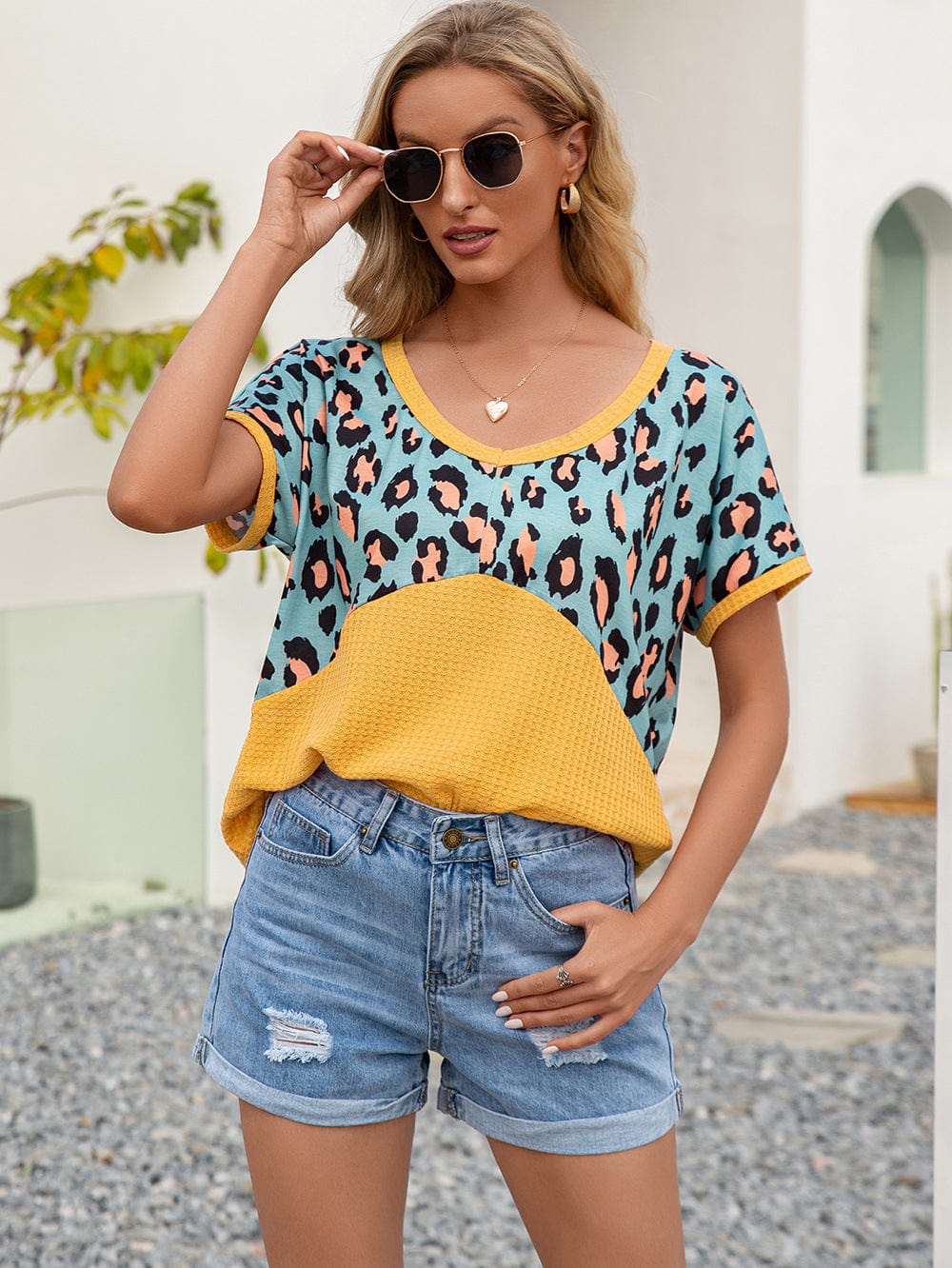 Trendsi Yellow / S Ivy Lane Leopard Waffle-Knit Short Sleeve Top