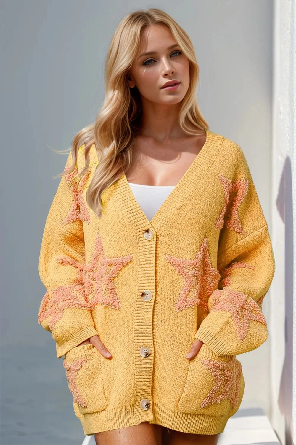 Trendsi Yellow / S/M Double Take Full Size Button Up Star Pattern Cardigan